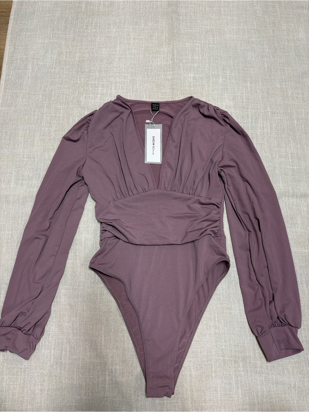 SHEIN Mauve Long Sleeve V-Neck Ruched Bodysuit